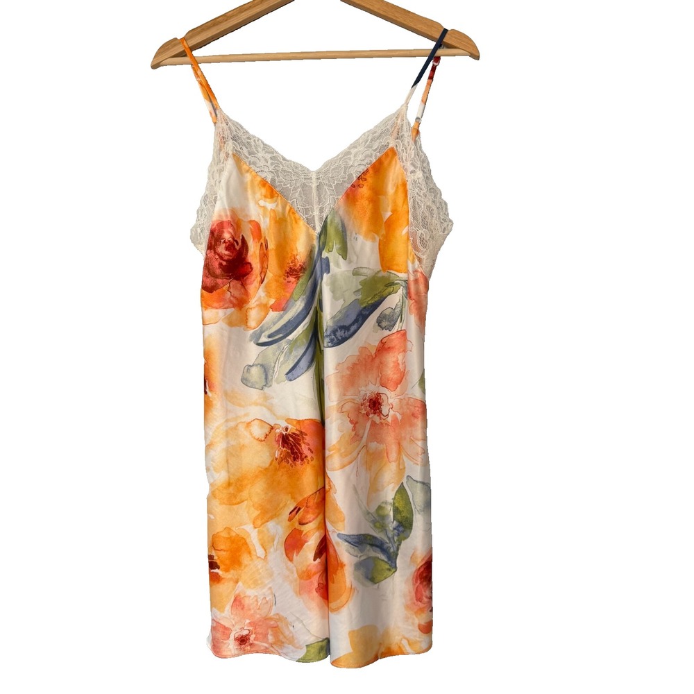 LINEA DONATELLA Sz S Lace‎ Trim Satin V-Neck Chemise Nightgown Floral Watercolor